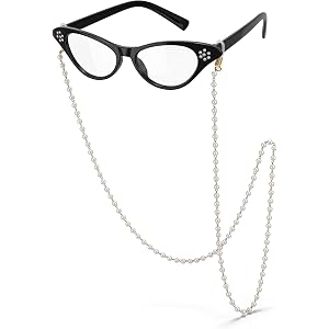 Granny Glasses, Cat Eye Glasses with Pearl Eyeglasses Chain Black and White | Elegant Old Lady Costume Accessories for Women