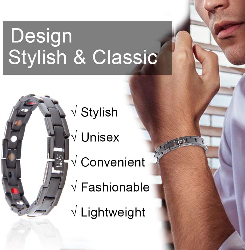 はち Titanium Magnetic Bracelet for Men and Women 5 Element Wristband Powerful Germanium Magnets Strength Bracelet for Couples with Adjustment Tool and Gift Box (Black) - Image 5