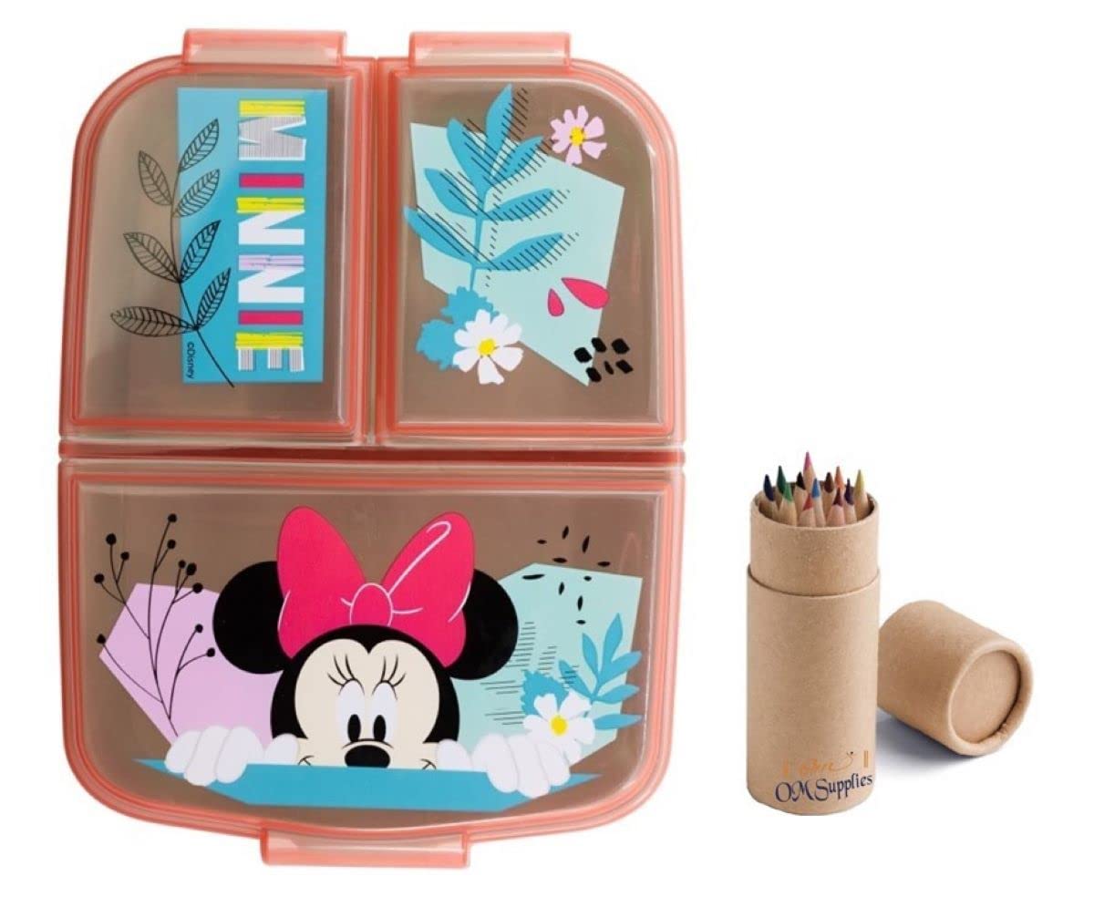 Reusable Sandwich Lunch Box 3 Multi Compartment Kids Children School Includes Half Size 12pcs Pencil Set (Minnie)