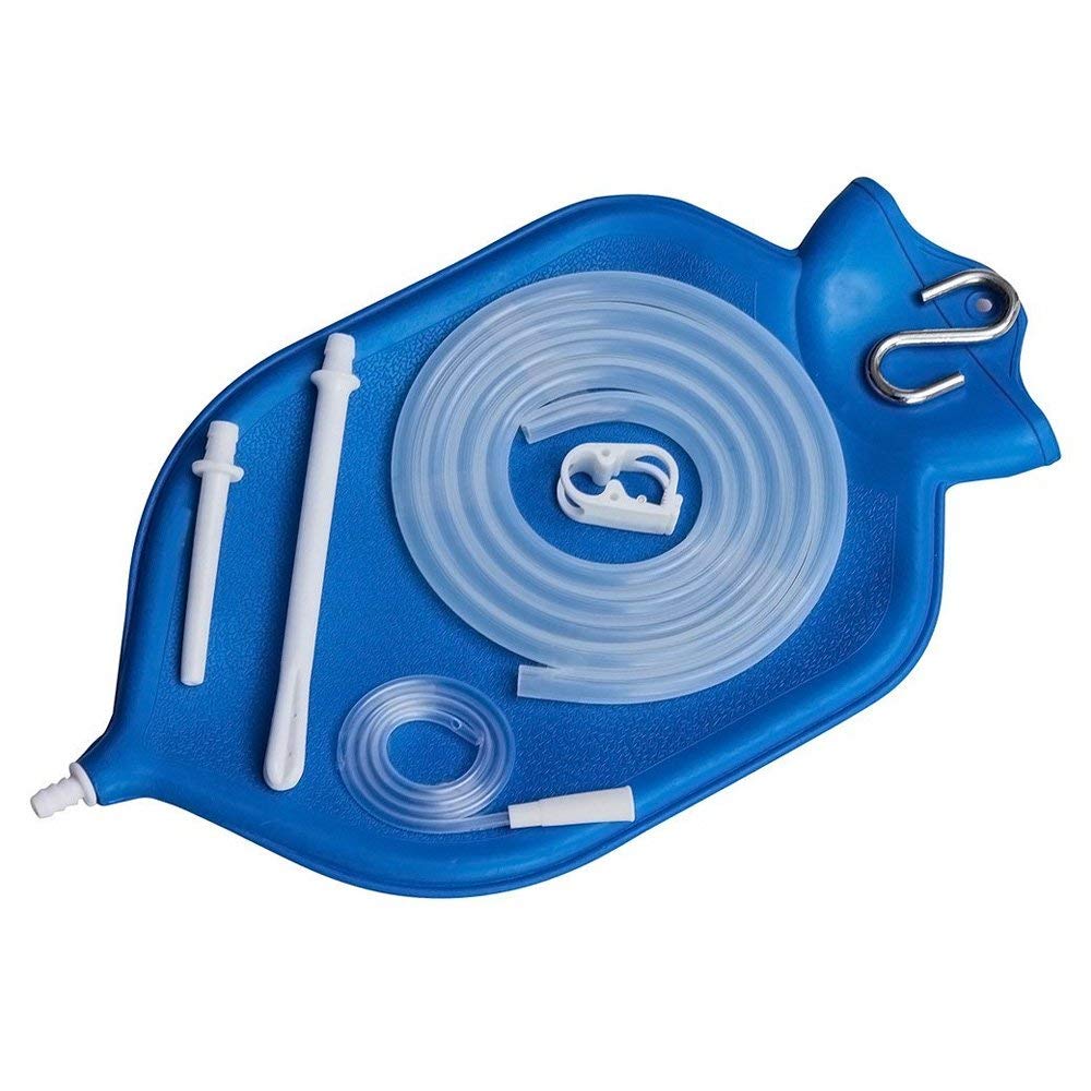 HealthAndYoga(TM) NaturoFlo Superior Enema Bag Kit - 2 Quart Fountain (Open) top Silicone Hose with Robust Metal Suspension - Blue