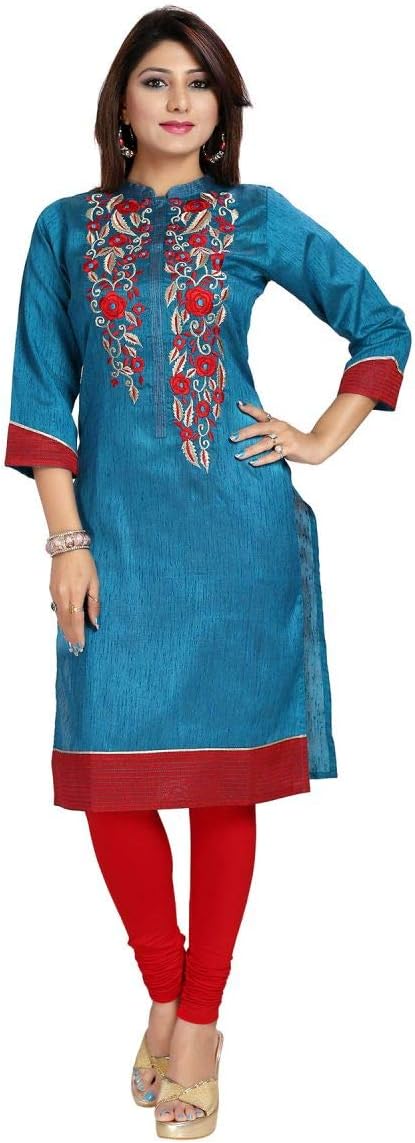 Women Indian Raw Silk Embroidery Thread Work Blue Kurti Kurta Shirt Dress BD357