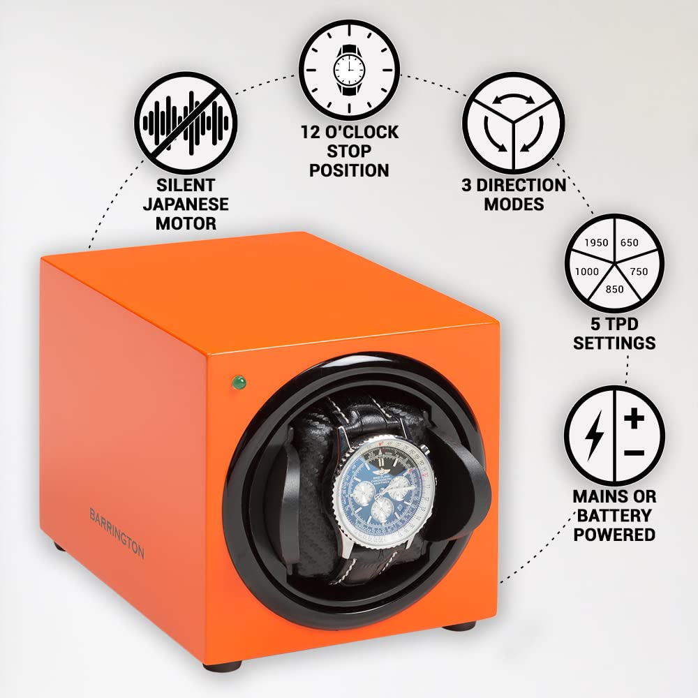 BARRINGTON Single Watch Winder for Automatic Watches with Silent Japanese Motor | Watch Winder for Luxury Brands | Adjustable TPD 650-1950 | AC Operated | Battery Backup