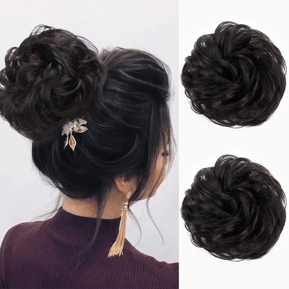 100% Human Hair Bun Extensions 2PCS Curly Wavy Messy Bun Hair Extension Scrunchies Elegant Chignons Wedding Hair Piece for Women and Kids(Color:Natural Black)