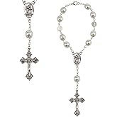 Car Rosary for Rearview Mirror,Steering Wheel Rosaries Charm,White Pearl Glass Prayer Beads Bracelet,Rear View Cross Blessing Bead Decor,Universal Interior Car Accessories&Religious Gift