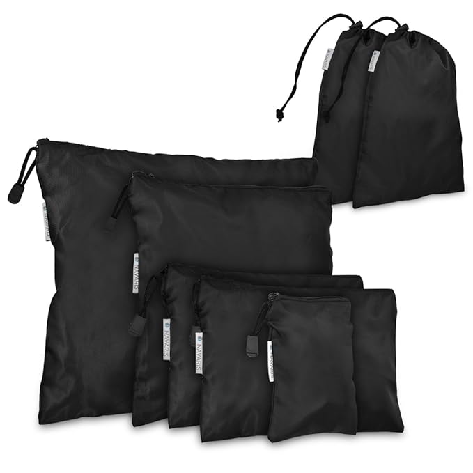 Navaris Set de 7 organizadores para Maleta - 7 Bolsas para almacenaje - para Ropa Zapatos lavandería - Sacos de Embalaje para Viajes en Negro