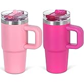 14 Oz Flip Straw Tumbler with Handle for Kids, Stainless Steel Double Wall Insulated Cup for Children with Flip Top Lid, 14 Oz Leak-proof Cups for Kids, Hot Pink and Pink