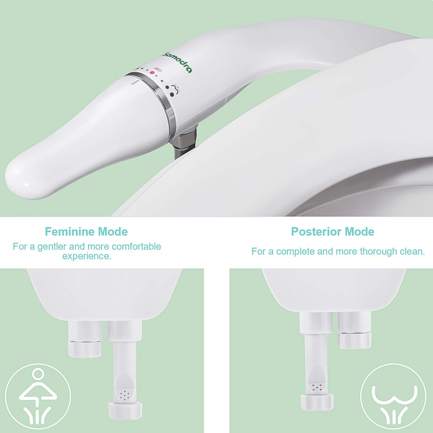 SAMODRA Ultra-Slim Bidet Attachment, Non-Electric Dual Nozzle (Frontal & Rear Wash) Adjustable Water Pressure Fresh Water Bidet Toilet Seat Attachment with Brass Inlet, Easy to Install (White) - - 