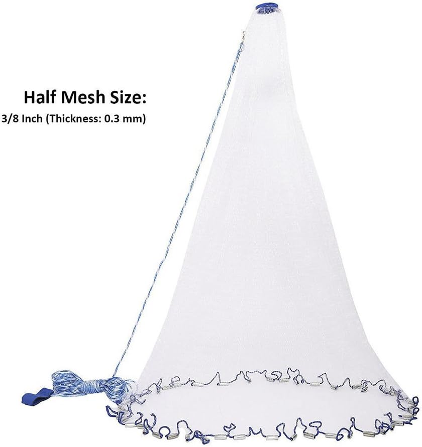TOPIND Fishing Cast Net Handmade Saltwater Throw Fishing Net for Bait Trap Fish Heavy Duty Real Lead Weight 4ft/5ft/6ft/7ft/8ft/9ft/10ft/11ft/12ft Radius 3/8inch Mesh Size Clear Mono Cast Net