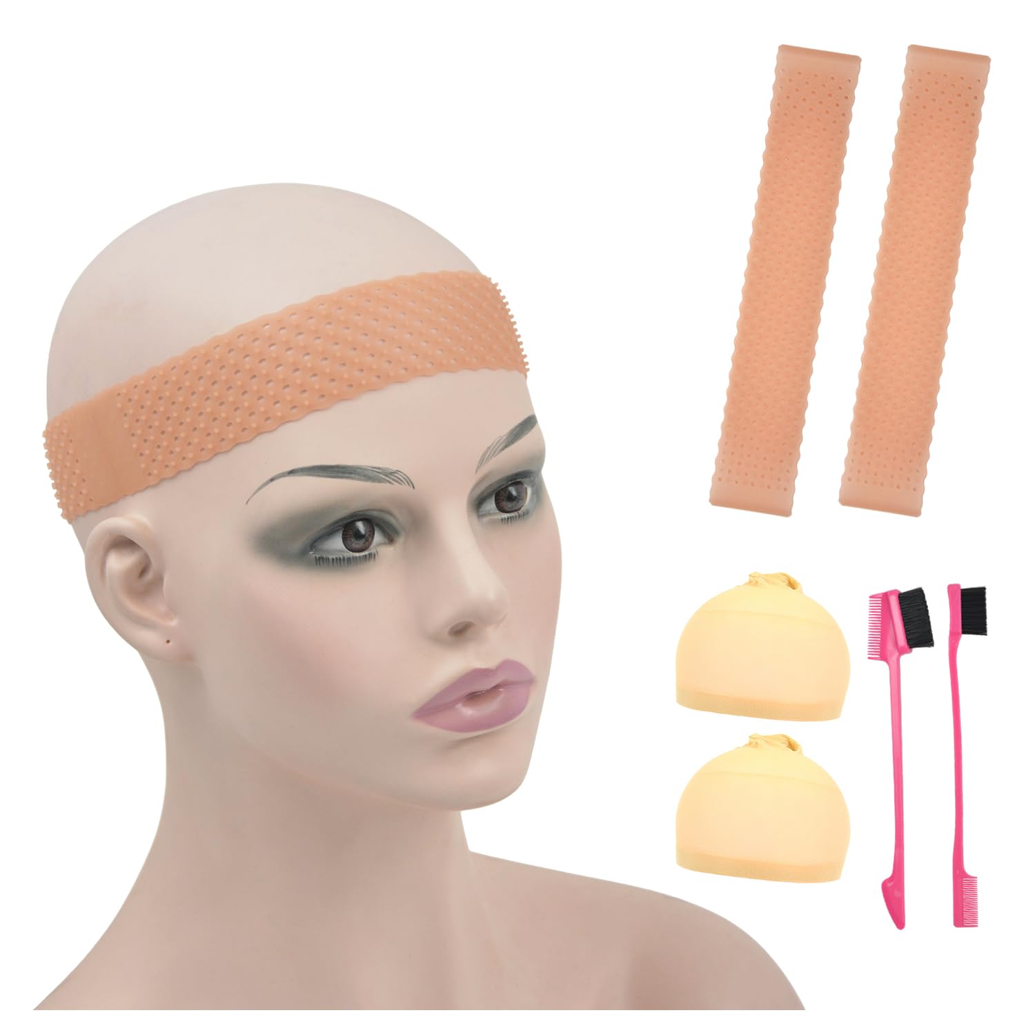 2 Pcs Breathable Silicone Headband Non Slip Elastic Silicone Grip with Stocking Wig Cap Hairbrush for Fixed Wig (Brown Red) โ image 1