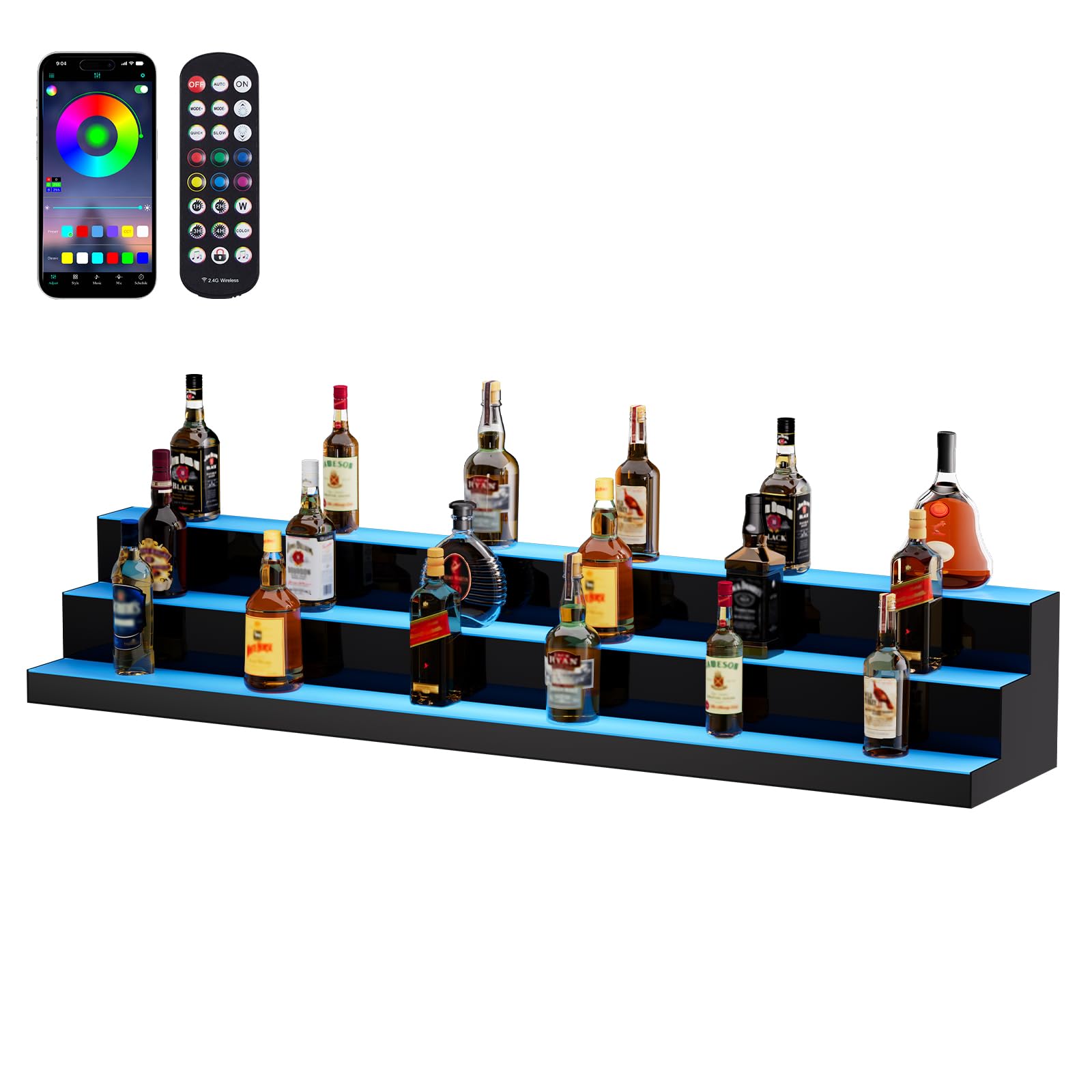 Photo 1 of **PARTS ONLY*** VEVOR LED Lighted Liquor Bottle Display Shelf, 3 Tiers 60 Inches, Supports USB, Illuminated Home Bar Shelf with RF Remote & App Control 7 Static Colors 1-4 H Timing, Acrylic Light Shelf