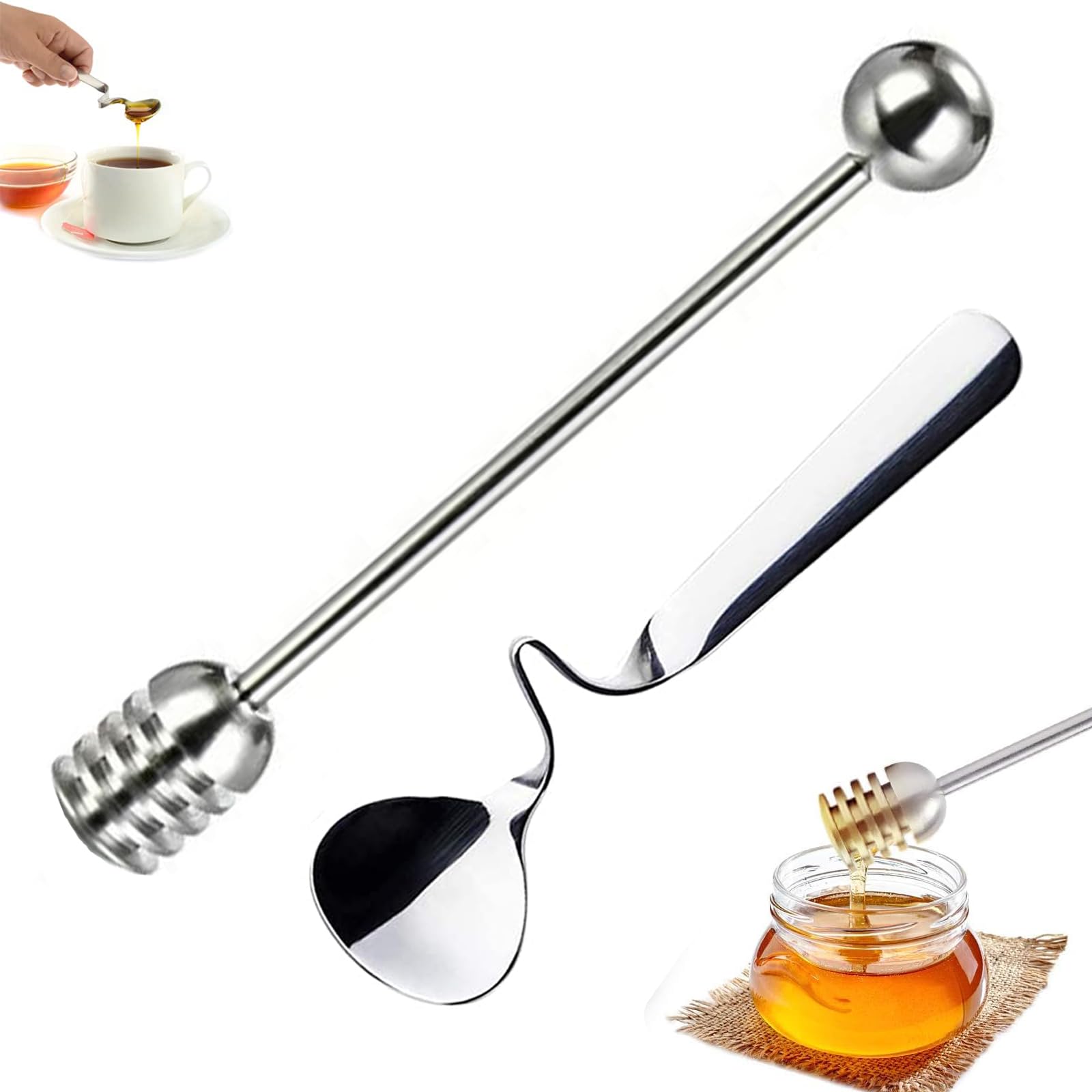Stainless Steels Honey Spoon and Honey Stirrer,2PCS Stainless Steel Honey Dipper Stirrer Server,Honey Spoon,Honey Spiral Sugar Spoon Ice Tea Spoon Coffee Spoons for Jam,Honey,Coffee