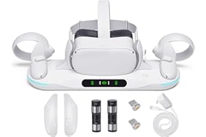 Lampelc Charging Dock for Meta Quest 2, Auto-Clamping Charging Station VR Charger Stand for Headset Controllers Accessories, with 2 Rechargeable Batteries, LED Display
