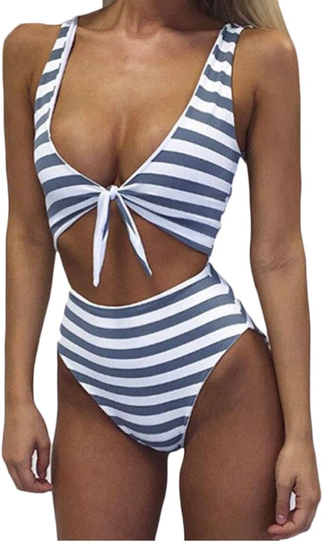 Gocgt Women's Swimsuits One Piece Striped Monokini Cut Out Bikini
