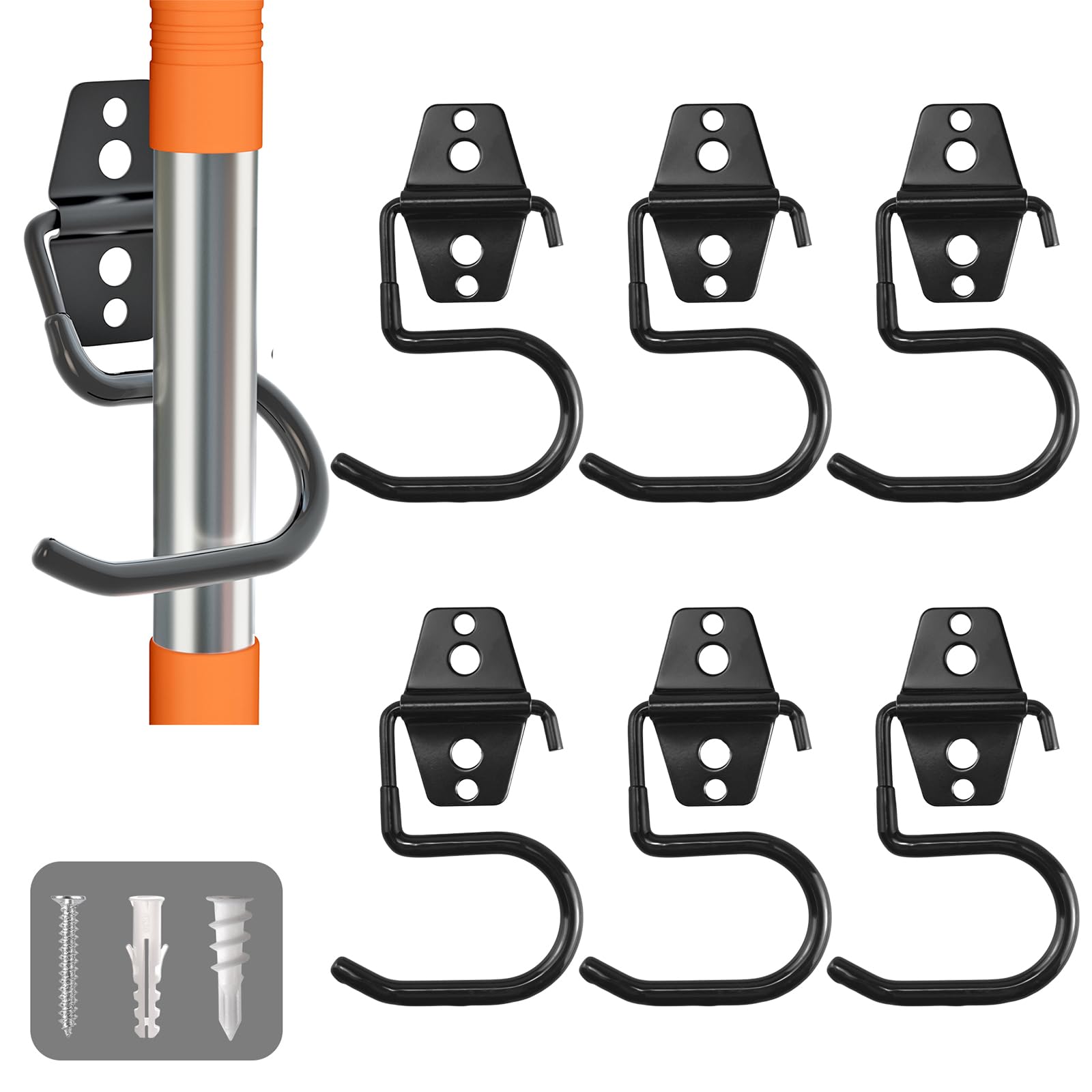 Photo 1 of LIGHT DUST Broom Holder Wall Mount - 6 Pack Tool Hangers Garage Wall Hanging Organizer - Heavy Duty Metal Large S Hooks for Mop Shovel Rake Shed Garden Lawn Yard Handle Tools Organization (Black)