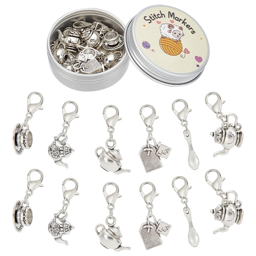 PLIGREAT 12 Pcs Silver Tea Pot Teacup Charms Crochet Stitch Marker Knitting Row Counter Locking Marks Needle Clip Knitting Tool Kit with Storage Tin Box Gift for Mom DIY Jewelry Crafts Accessories
