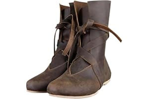 AYziemezm Unisex Renaissance Boot Medieval Cosplay Halloween Boots Vintage Stage Pirate Viking Tied Shoes Steampunk Costume Knight Boot Mid Calf Lace Up Shoe for Women Men