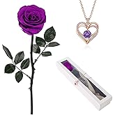 OSIAX Single Preserved Rose with Necklace for Women,Real Roses Gift Set for Her,Mom Birthday Gifts from Daughter, Valentines Flowers (Purple)