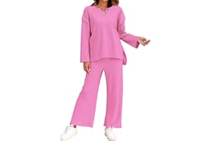 ROYLAMP Womens 2 Piece Outfits Oversized Long Sleeve Button Crew Neck Top Long Pant Trendy Lounge Casual Sweatsuit 2024