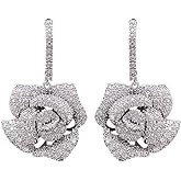 Huggie CZ Flower Dangle Stud Earrings for Women Girls with Charms Fashion Luxury Pave Rhinestone Filigree Camellia Rose Dainty Crystal Drop Dangling Wedding Prom Jewelry Dainty Gifts Valentine Mother's Day