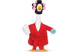 Shyyween Christmas Porch Goose Outfits 23 Inch Lady Goose Robe and Curlers Red Pajamas Coffee Cup Cement Concrete Front Porch Geese Clothes Winter Statue Costumes Accessories