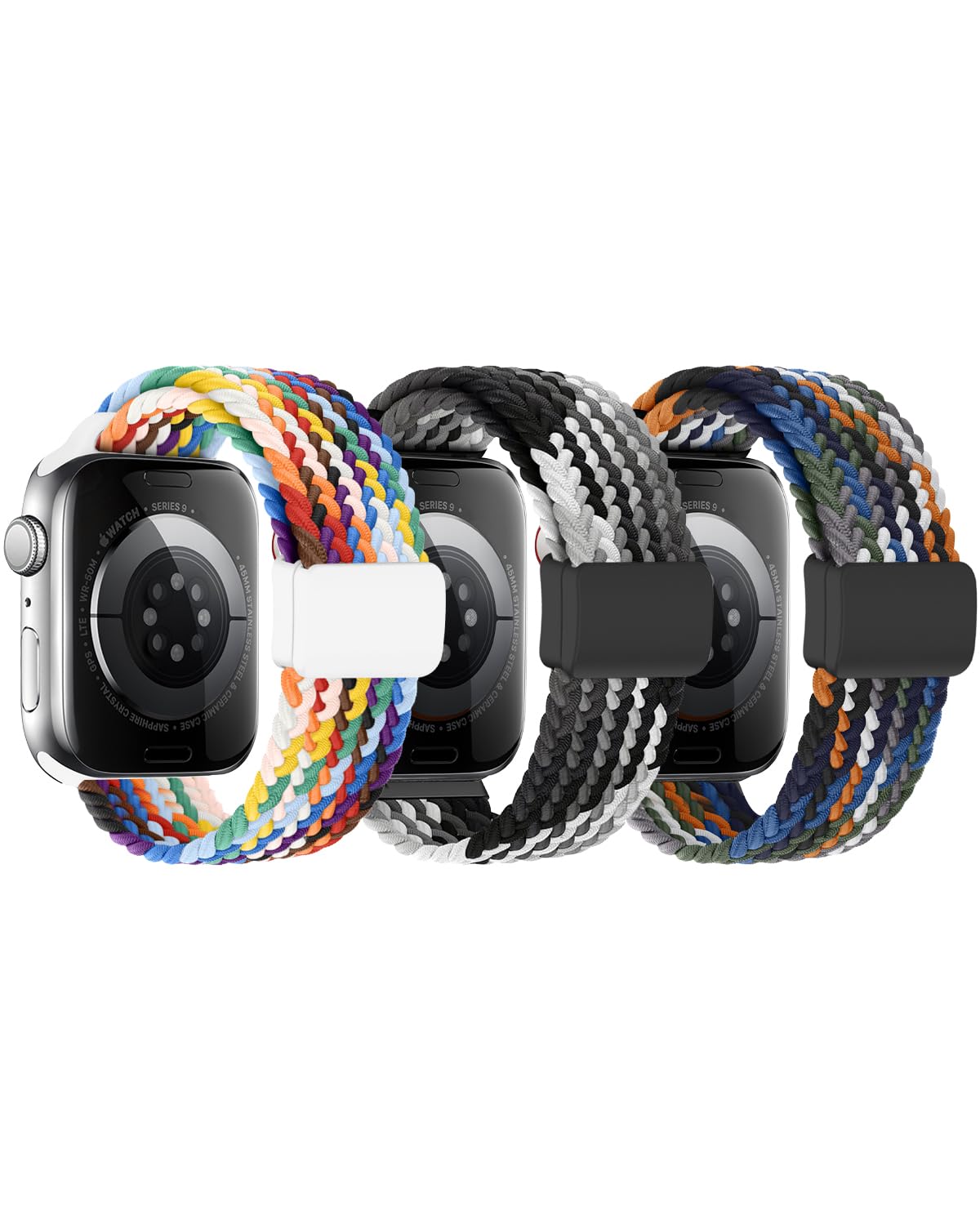 OWKEY Braided Solo Loop Compatible with Kids Apple Watch Band, Stretchy Breathable Strap with Easy Buckle for iWatch Series 9 8 7 6 5 4 3 SE SE2 Girls Boys Small Wrists (Chocolate/Jeans/Rainbow, 38/40/41mm)