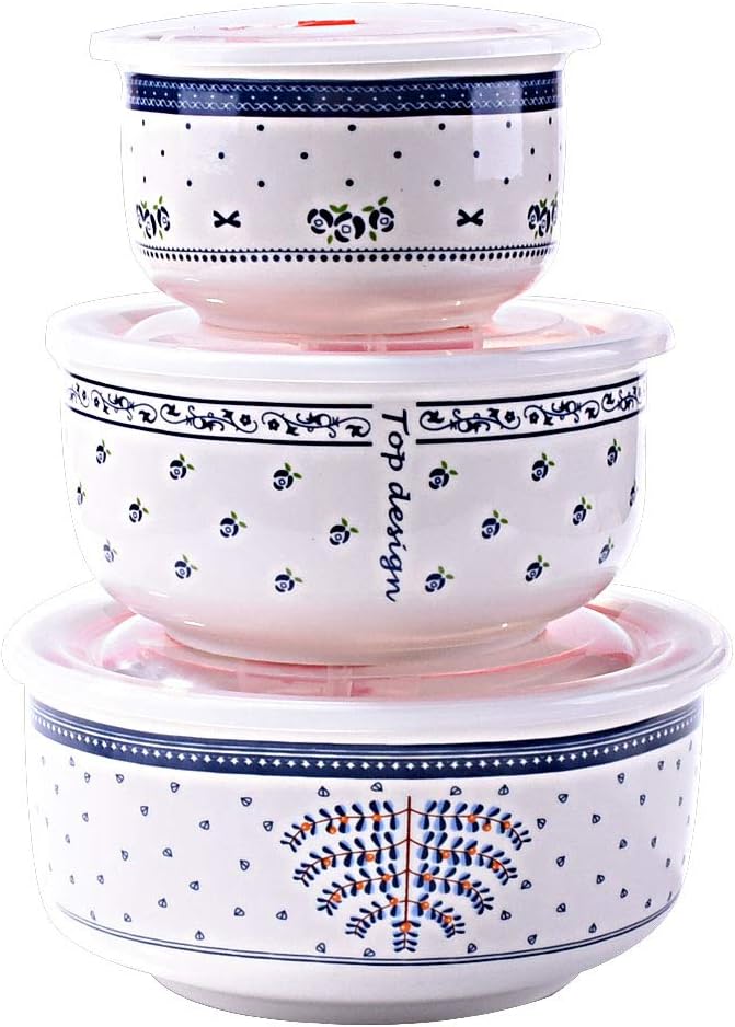 Dishwasher & Microwave Safe Ceramic Bowls Set of 3, Large Bone Porcelain Stackable Sealed Crisper Bowls for Ramen Noodle Salad Soup Fruit Snack