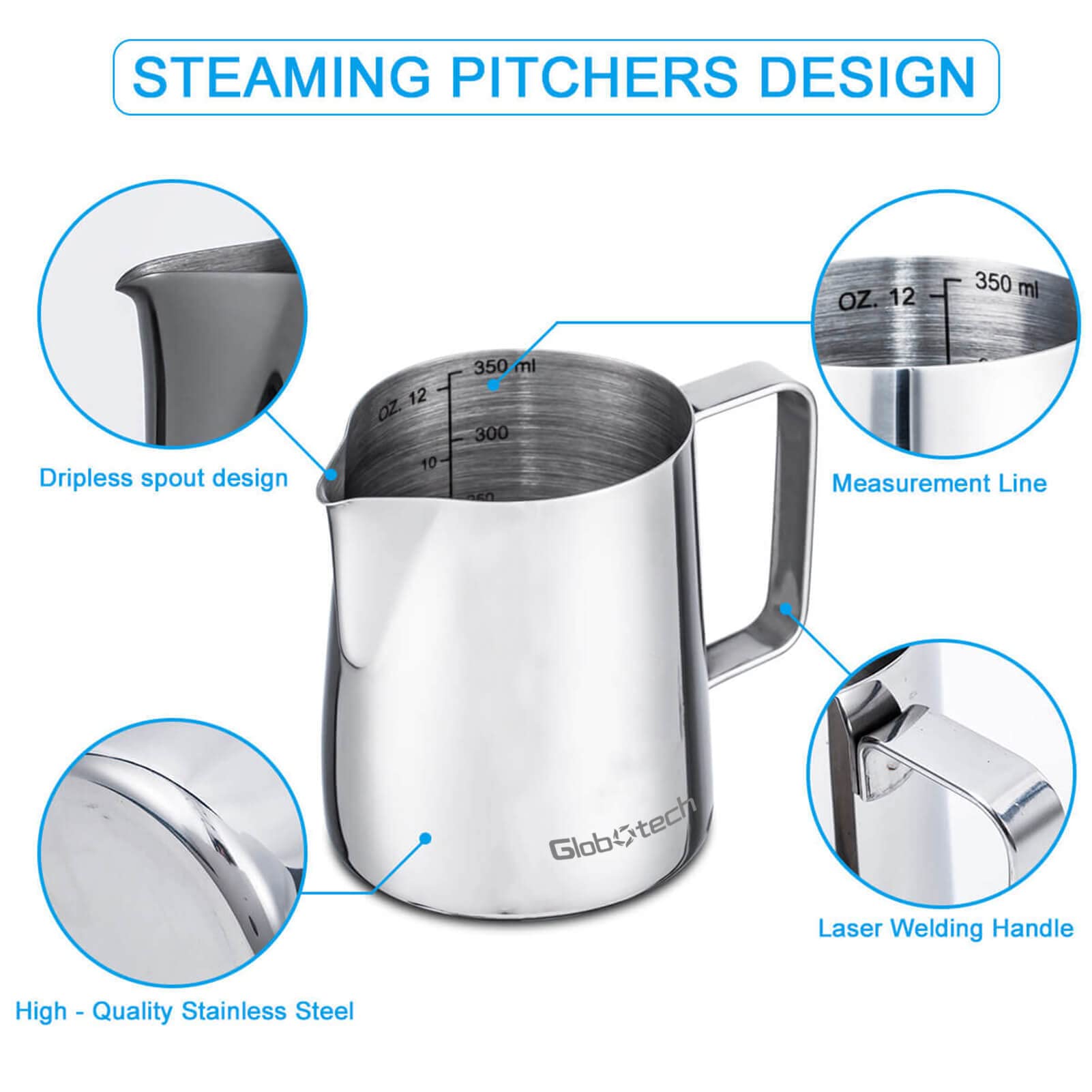 Stainless Steel Milk Frothing Pitcher 12 Oz, 350ml Latte Art Cup Espresso Machine Accessories, Steaming Jug for Cappuccino Coffee Milk Hot Chocolate Cups