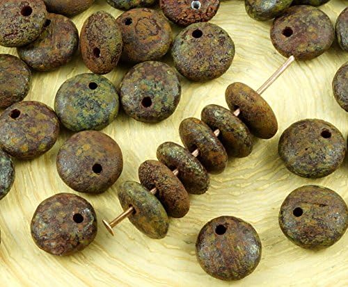 40pcs Etched Rustic Picasso Brown Opaque Coral Red Lentil Czech Glass Beads Flat Round One Hole 8mm
