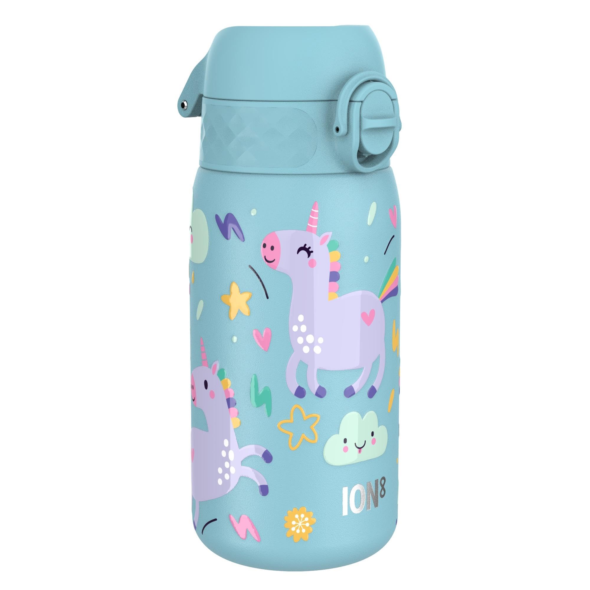 ION8 Kids Water Bottle, Lightweight Steel, 400 ml/13 oz, Leak Proof, Non-Insulated, Easy to Open, Secure Lock, Dishwasher Safe, Flip Cover, Carry Handle, Easy Clean, Metal Water Bottle, Blue, Unicorns