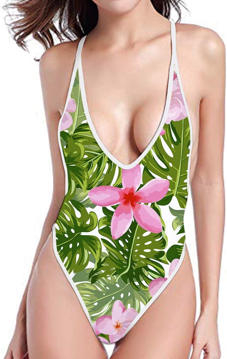 spArt Womens One Piece Swimsuit Backless Cheeky Tong Monokini Plunging Neckline Leotard Sexy High Hip T-Back Swimwear High Waist Swimming Costume Large Flower Rose Printed