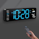 Digital Wall Clock, Digital Clock Large Display with Remote Control, Corded LED Alarm Clocks with Date, Week, Temp, Humidity, Auto DST, Countdown, for Living Room Bedroom Classroom Office (Blue)