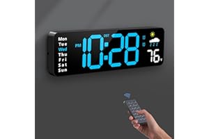 ZELACLOCK Digital Wall Clock, Digital Clock Large Display with Remote Control, Corded LED Alarm Clocks with Date, Week, Temp, Humidity, Auto DST, Countdown, for Living Room Bedroom Classroom Office (Blue)