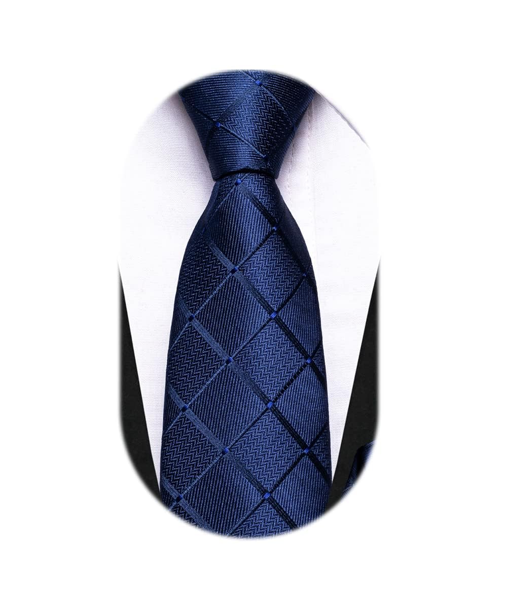 Photo 1 of Dubulle Boys Navy Blue Ties Self Tie Silk Plaid Kids Necktie and Pocket Square Set for Age 8-11