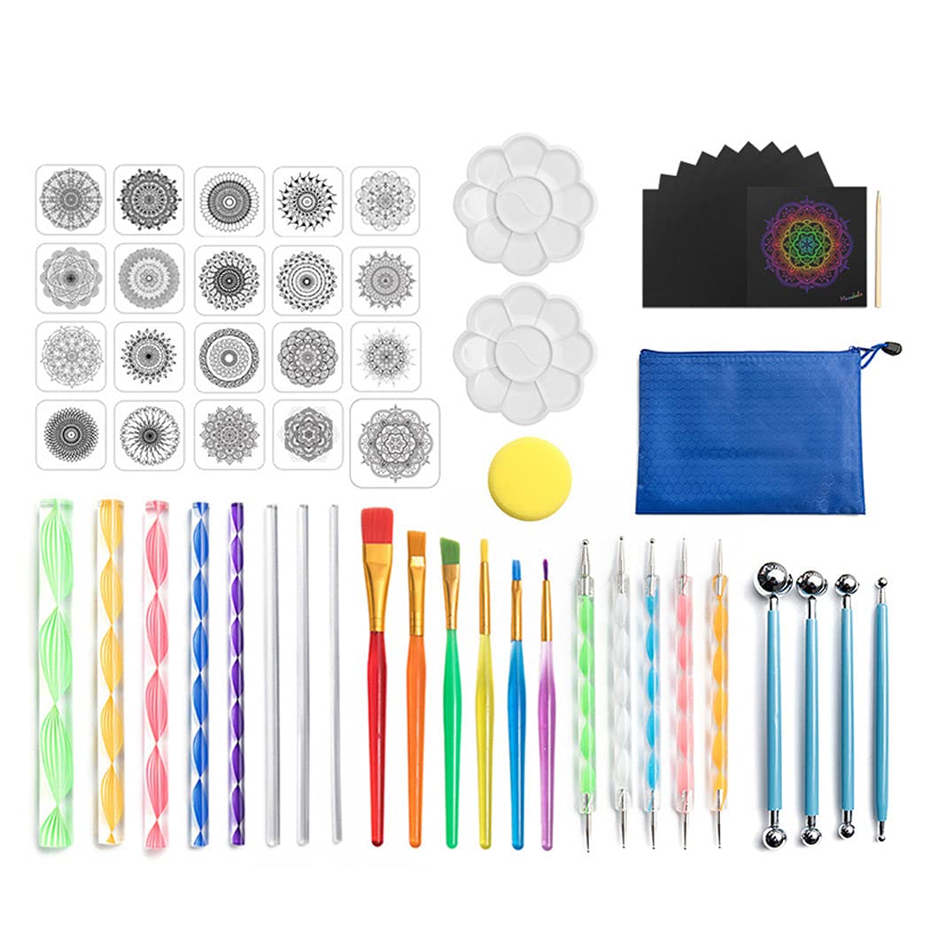 SIPLIV Mandala Dotting Tools Set Mandala Stencil Ball Stylus Brush Acrylic Rod Paint Tray Set for Rocks Fabric Wall Nail Art Painting Coloring Drawing Drafting - 57 PCS