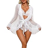 ChiaoLezhee Women's Sexy 3 Piece Lingerie Set, Layered Ruffle Sheer Babydoll Robe with Lace Bra and Panty Set