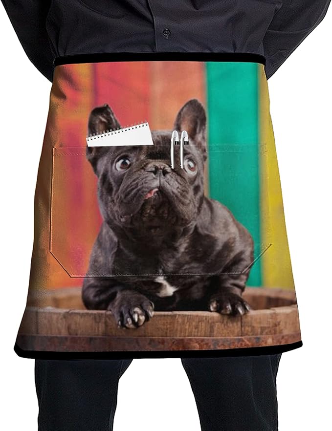 Cute French Dog Waist Apron With Pockets Kitchen Restaurant Waiter Half