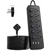 Chiefway 6Ft Power Strip with 6 Individual Switches, 6 Outlets | 3 USB-A Ports &amp; 1 USB-C Port, No Surge Protector, Flat Plug, 1250W/10A, Cruise Friendly for Home Office Dorm Travel