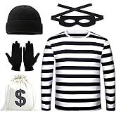 Men's Robber Costume Set Halloween Cosplay Costumes Thief Accessories Black White Striped T-shirt,Mask,Gloves,Bag,Beanie Cap