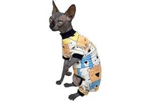 KITIPCOO Sphynx Cat Four Leg Cotton Pajamas Elastic Pet Clothes for Hairless Cat Surgery Recovery Suit Cat Undershirt Thermal Hairless Cat Clothes for Sphynx, Devon, Cornish (Colorful Bear, L (8-8.8 lbs))