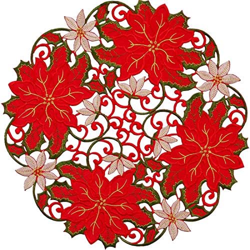 Simhomsen Embroidered Christmas Hoilidays Table Doilies Round Red Poinsettia Placemats Centerpieces (Round 16"4Pcs)