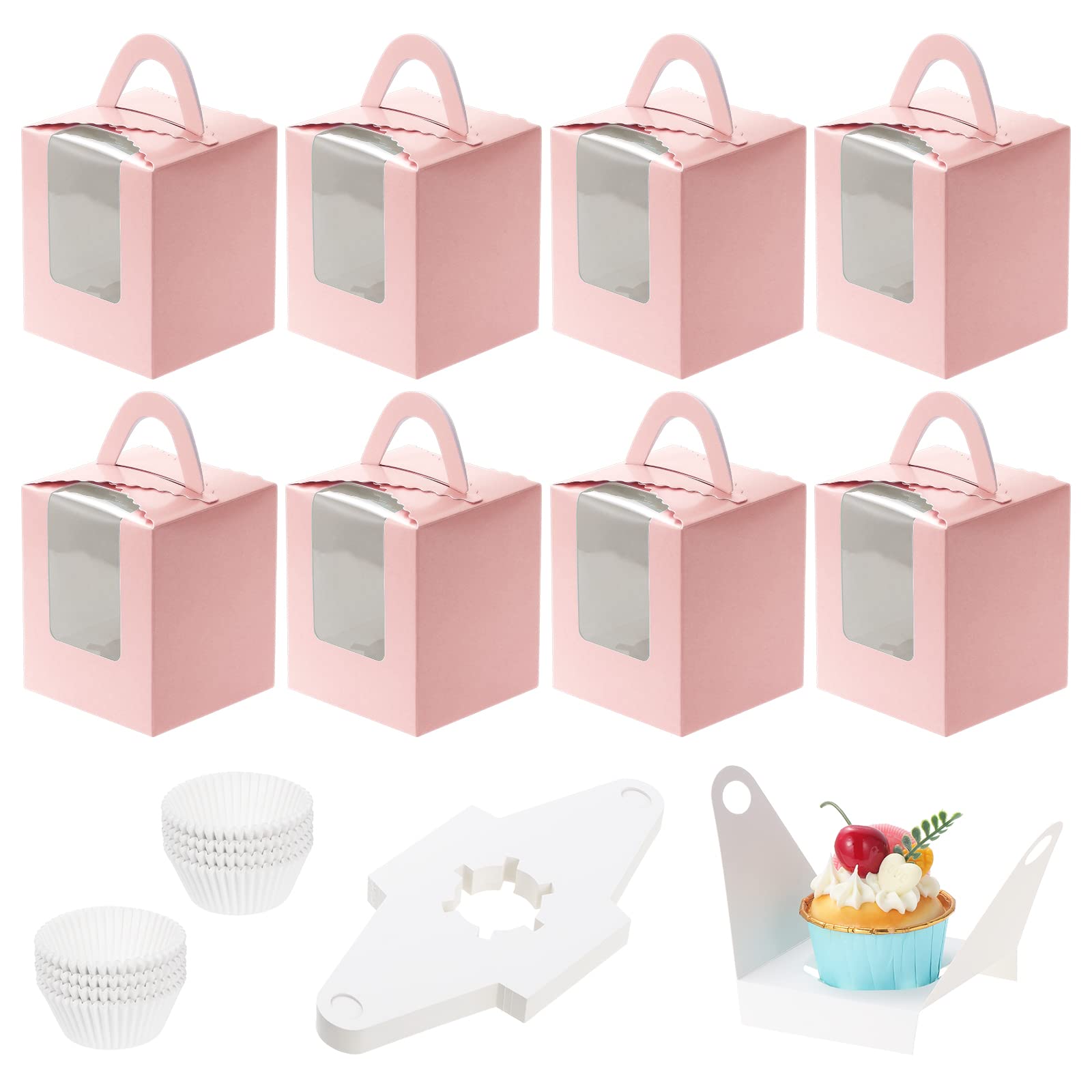 Coolty 50pcs Cupcake Boxes 1 Holes Cardboard Packaging Boxes Bakery Pastry Boxes with Handle Window and Inserts for Cookies Muffins Cupcakes Desserts Pies (Pink)