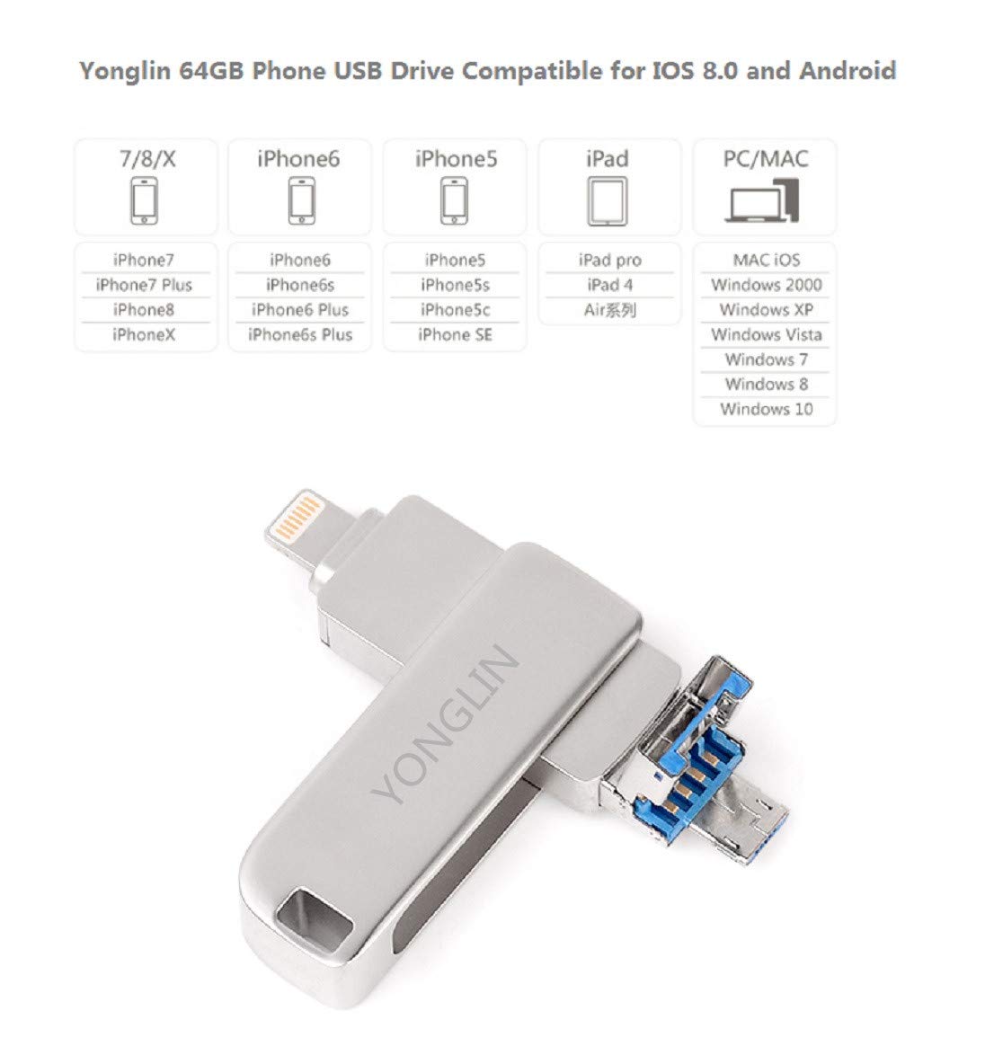 Yonglin 64GB USB 3.0 Flash Drive for iPhone iPad Lightning External Storage Memory Stick,for iPhone X XR XS MAX, Photo Stick for iPhone 6, iPhone 6 Plus, iPhone 8 Plus & iPad, iPhone