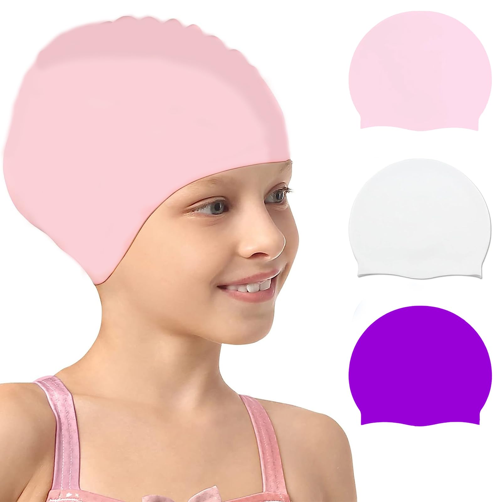 Echehi 3pcs 100% Silicone Swim Cap, Soft, Stretchy & Comfortable Anti Slip Boys and Girls