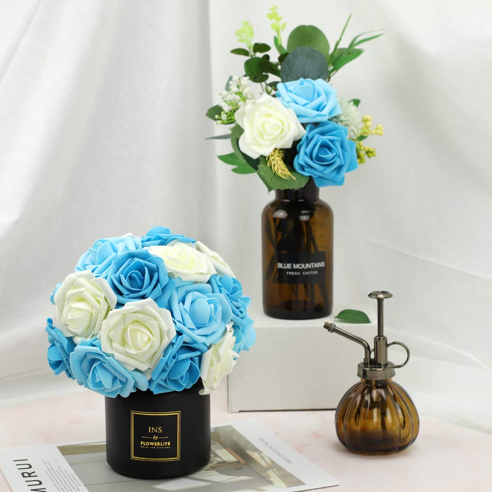 HOHOTIME Artificial Flowers 42 pcs, Real Touch Roses in Mixed Colors w/Stem for Decoration Crafts Wedding DIY Bridal Shower Party Home Decor (Blue Gradient Combo)