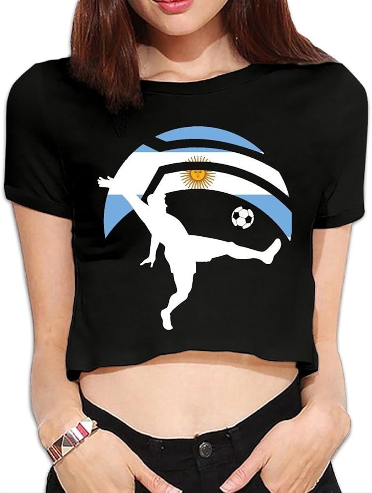 Summer Crops for Women Soccer Player Kicking Ball Argentina Flag Custom Round Neck