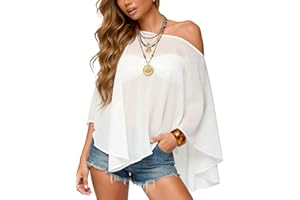 HAWILAND Sheer Ponchos for Women Chiffon Shawl Shrug Off Shoulder Mesh Asymmetrical Top Beach Cover Up Lightweight Chic