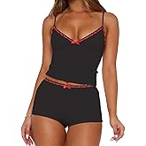 RUEWEY Women 2 Pieces Pajamas Set Bow Loungewear V-Neck Sleeveless Cami Tops and Shorts Sleepwear Outfits