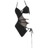 MEOWCOS Women's One Piece Swimsuits Sexy Gothic Swimsuit Halter Mesh Cutout One-Piece Swimsuit One-piece Swimwear