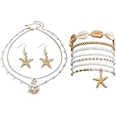 Azusa Sun Shell Starfish Necklace Earrings Bracelets Boho Summer Beach Seashell Layered Charm Necklace Beaded Bracelet for Women Holiday Jewelry Set
