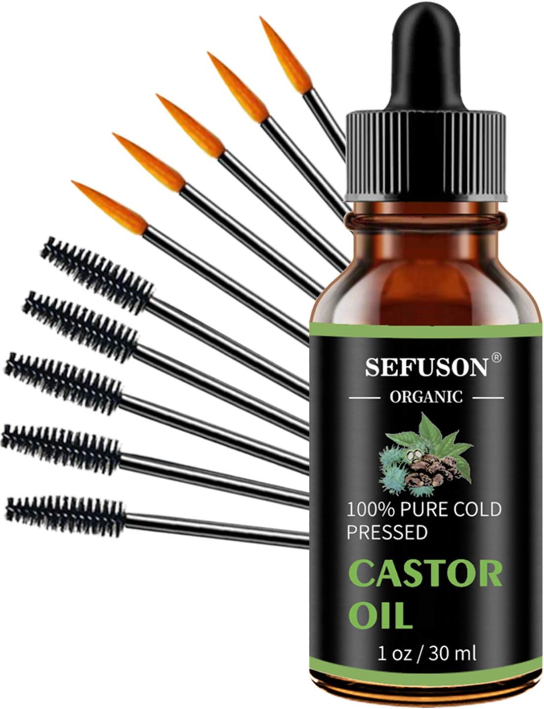 Organic Castor Oil, Cold Pressed Castor Oil, 100% Pure Castor Oil for Eyelashes, Eyebrows, Hair Growth, Skin and Face with 5 Sets of Eyebrow & Eyeliner Brushes,1 Oz(30ml) (Organic Castor Oil)